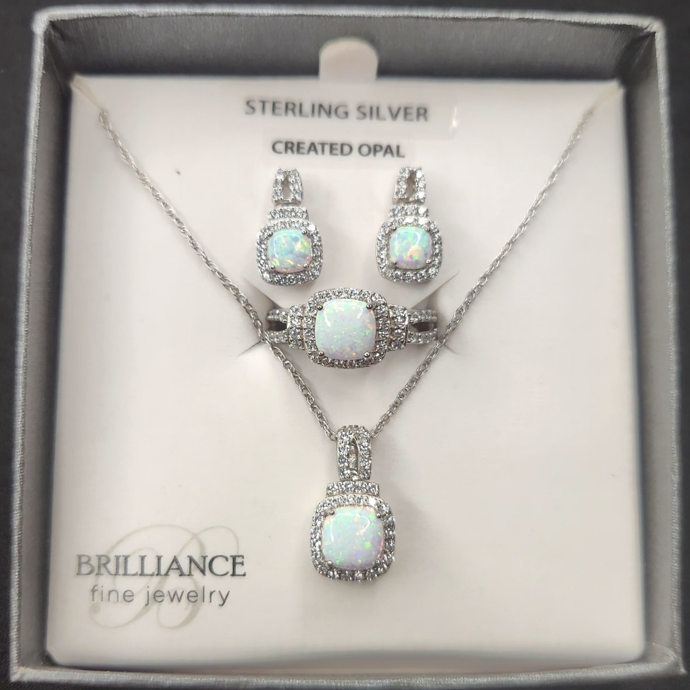 Brilliance fine.Sterling Silver Lab Created Opal Pendant, Earrings Set and ring.